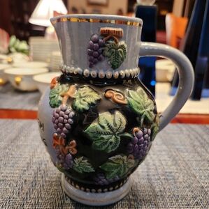 Vtg German Wine Pitcher Hand Painted Stoneware 6” tall Grapevine Gold Trim
